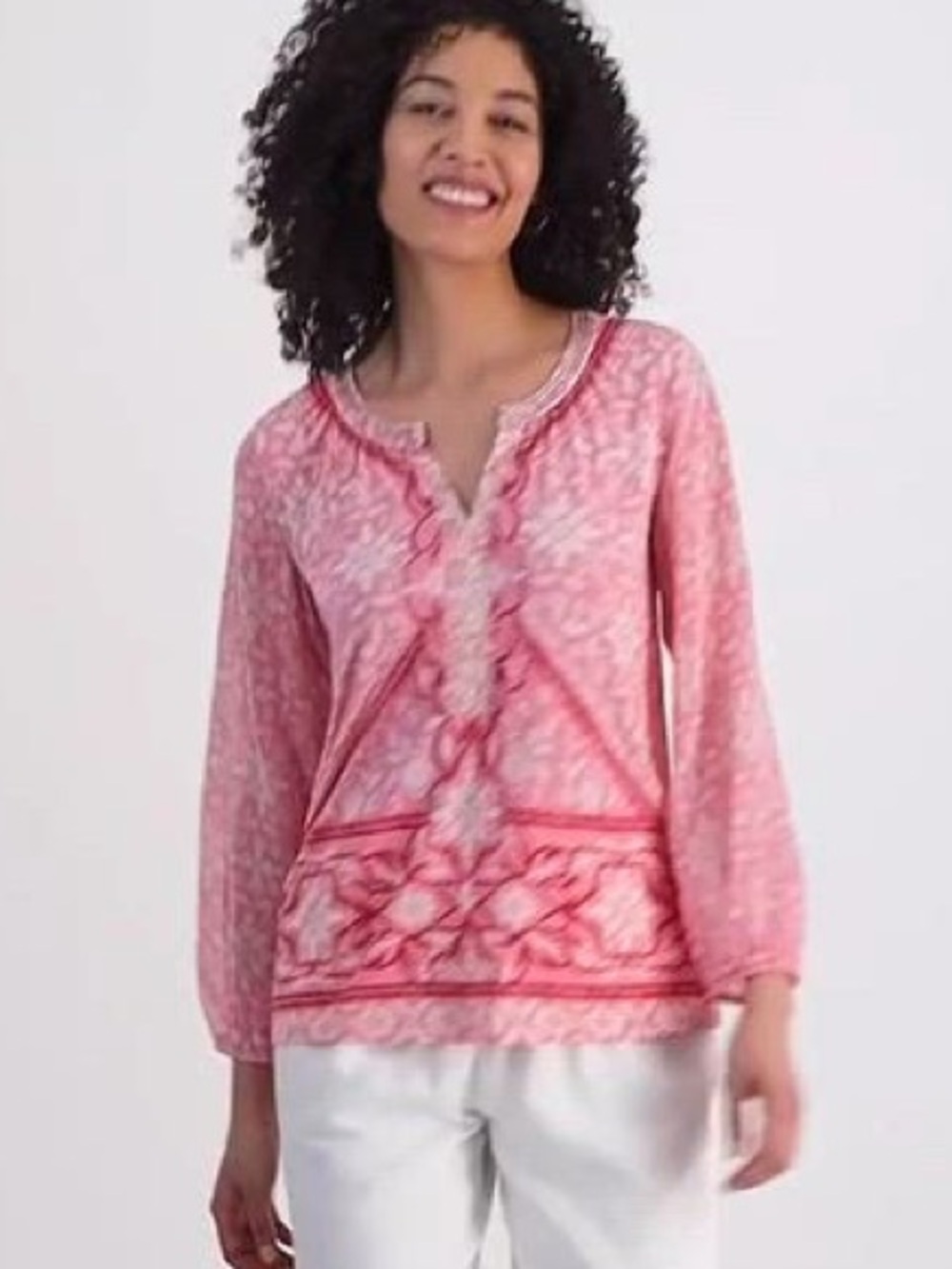 058- JM Collection pink printed tunic top beaded trim split neckline Size Small